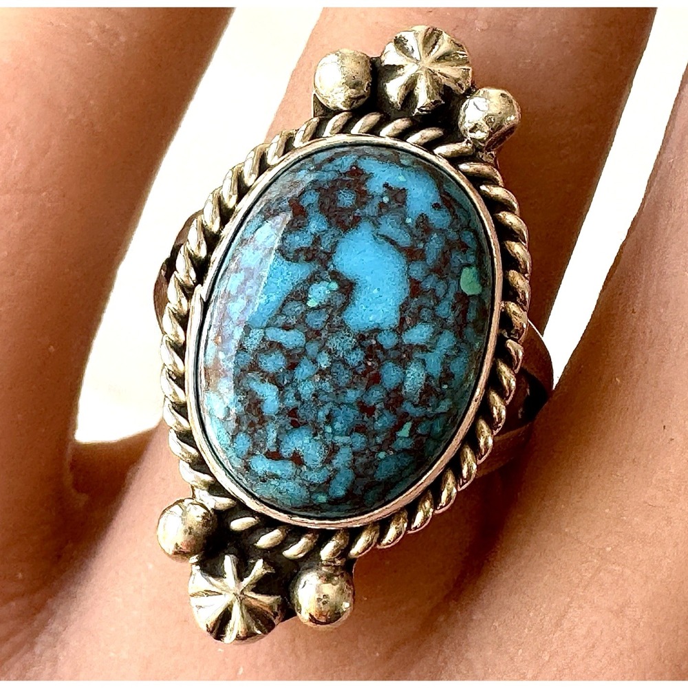Navajo Spiderweb Turquoise Ring Sz 8 Signed R Rope Sterling Native American